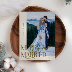 Merry & Married Christmas Newlywed Photo Cream Holiday Card