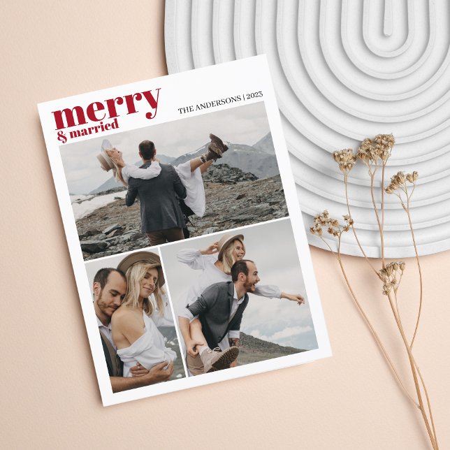 Merry & Married Christmas Newlyweds Photo Collage Holiday Postcard (MERRY & MARRIED)