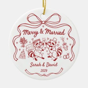 Merry & Married Custom Newlywed Raccoon Couple Ceramic Ornament