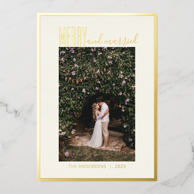 Merry Married Elegant Minimal Christmas Photo Gold Foil Holiday Card (Front)