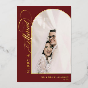 Merry & Married Elegant Script Red Arch Photo Foil Holiday Card