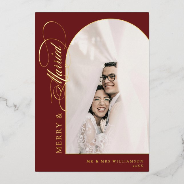 Merry & Married Elegant Script Red Arch Photo Foil Holiday Card (Front)