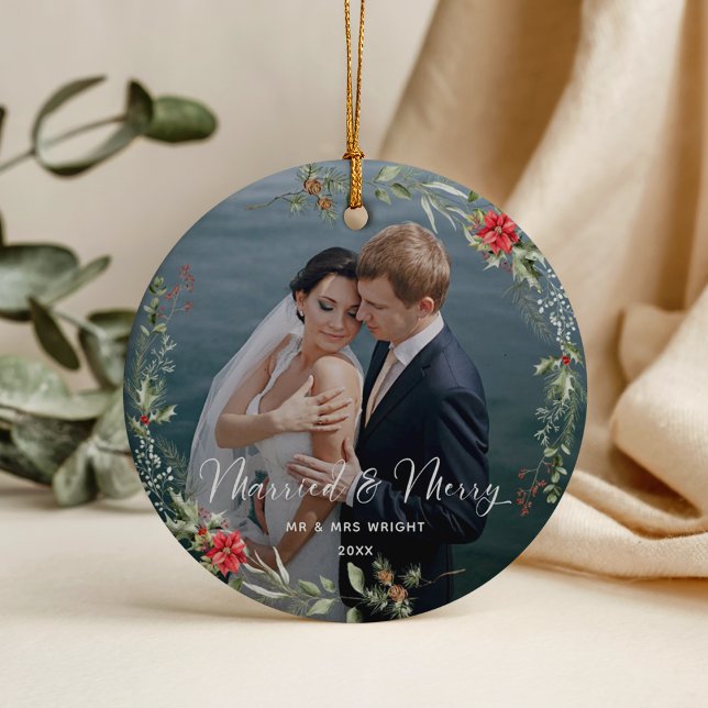 Merry & Married Elegant Script Wedding Photo Ceramic Ornament (Creator Uploaded)
