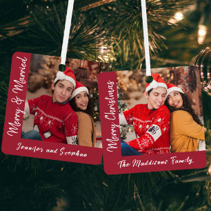 Merry & Married Festive Script Red Christmas Photo Metal Ornament