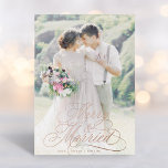 Merry & Married First Christmas Photo Rose Gold  Foil Holiday Card<br><div class="desc">Elegant and romantic swirly calligraphy lettering with a photo and optional text on the back. For more advanced customization of this design,  please click the BLUE DESIGN TOOL BUTTON above!</div>