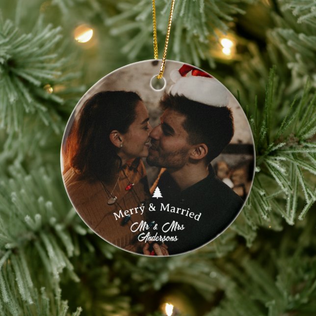 Merry & Married First Christmas Script Photo Ceramic Ornament (Tree)