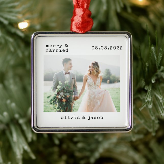 Merry & Married First Christmas Wedding Photo Metal Ornament (Tree)
