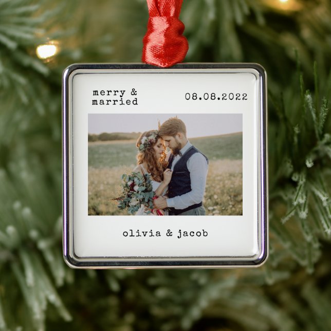 Merry & Married First Christmas Wedding Photo Metal Ornament (Tree)