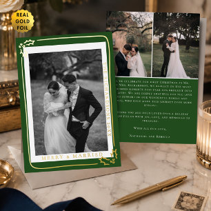Merry & Married Forest Green 3 Photo Christmas Foil Holiday Card