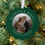 Merry Married Green Wedding Photo Christmas Ornament Card<br><div class="desc">Merry Married Green Wedding Photo Christmas Ornament Card</div>