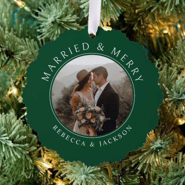 Merry Married Green Wedding Photo Christmas Ornament Card (Insitu (Tree))
