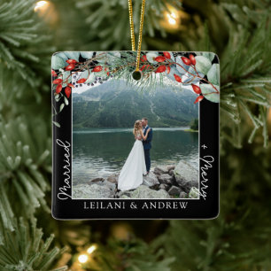 Merry Married Greenery Watercolor Photo Black Ceramic Ornament