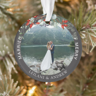 Merry Married Greenery Watercolor Photo Dark Grey Ornament