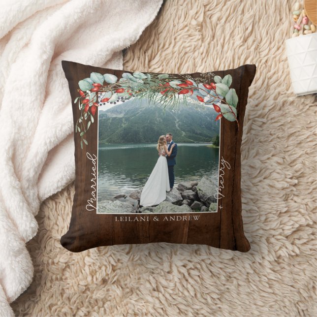Merry Married Greenery Watercolor Photo Dark Wood Throw Pillow (Blanket)