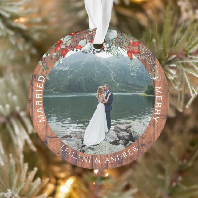 Merry Married Greenery Watercolor Photo Wood Ornament (Tree)