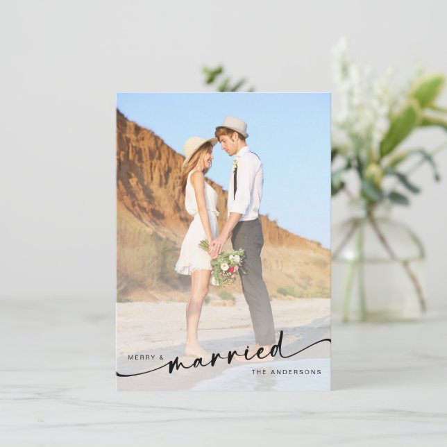 Merry & Married Hand Lettered Photo Holiday Card (Standing Front)