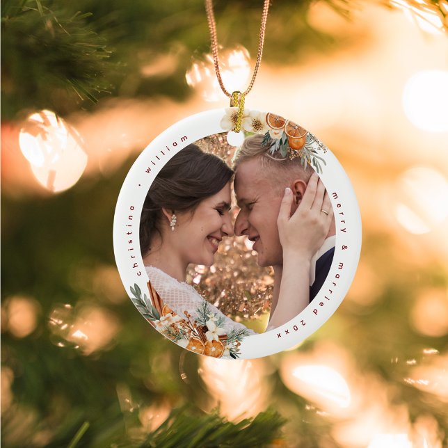 Merry & Married Holiday Wedding Newlyweds Photo Ceramic Ornament (Creator Uploaded)