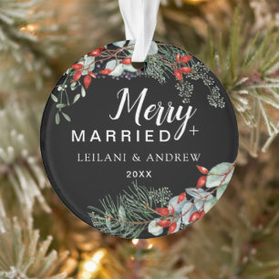 Merry Married Holly Greenery Christmas Black Ornament