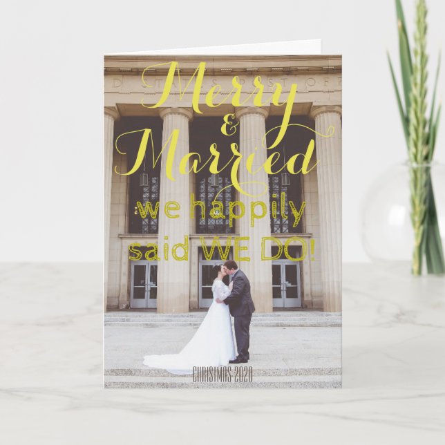 Merry & Married Majestic Gold Scripts Christmas Holiday Card (Front)