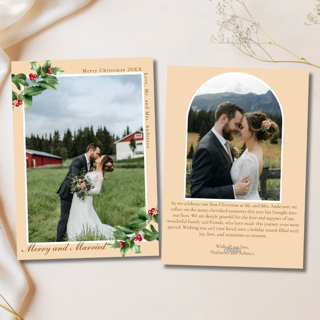 Merry & Married Mistletoe Holly 2 Photo Christmas Holiday Card (Creator Uploaded)
