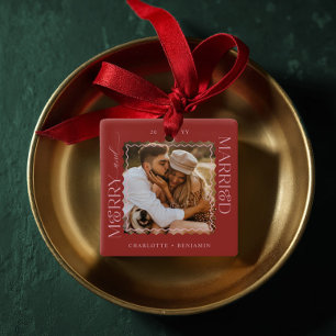 Merry & Married Modern Minimal Wavy Photo Keepsake Ceramic Ornament