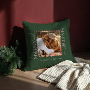 Merry & Married Modern Minimal Wavy Photo Keepsake Throw Pillow