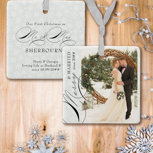 Merry Married Mr and Mrs Vertical Photo Snowflake Ceramic Ornament (Creator Uploaded)