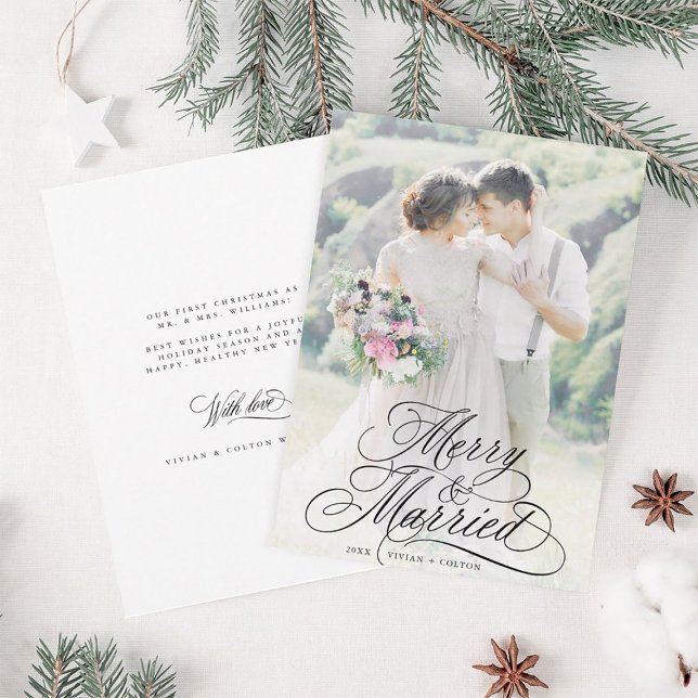 Merry & Married Newly Weds First Christmas Photo Holiday Card (Front & Back)