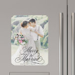 Merry & Married Newly Weds First Christmas Photo Magnet<br><div class="desc">Elegant and romantic swirly calligraphy lettering with a photo. For more advanced customization of this design,  please click the BLUE DESIGN TOOL BUTTON above!</div>