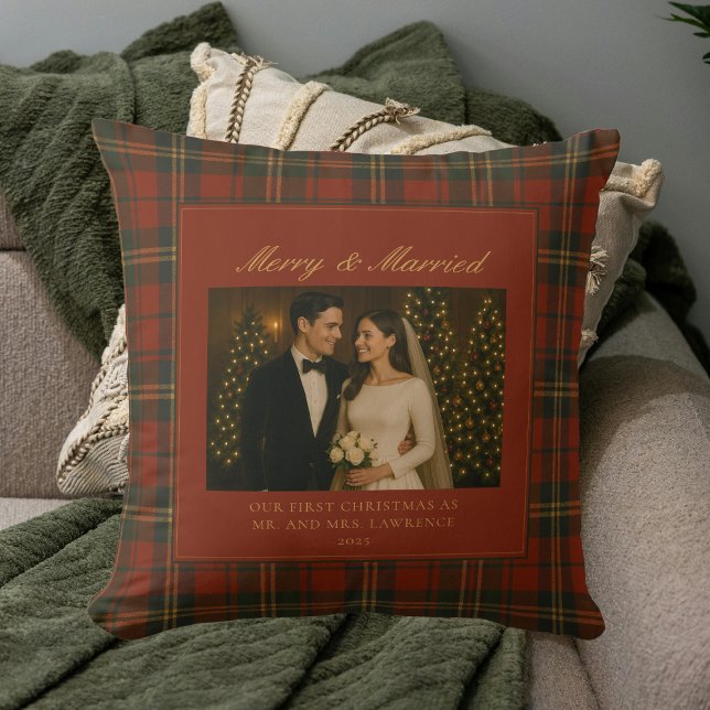 Merry & Married Newlywed First Christmas Photo Throw Pillow (Creator Uploaded)