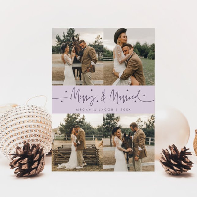 Merry & Married Newlywed Multi Photo Purple Holiday Card (Creator Uploaded)