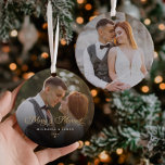 Merry & Married Newlywed Photo Ceramic Ornament<br><div class="desc">This personalized “Merry & Married” photo ornament is a romantic way for newlyweds to celebrate their first Christmas together as a married couple. This elegant double-sided ornament design features the phrase “Merry & Married” in flowing gold script, paired with the couple’s names and customizable year beneath over a photo for...</div>
