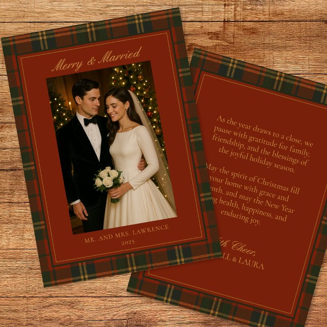 Merry & Married Newlywed Plaid Christmas Photo Holiday Card (Creator Uploaded)