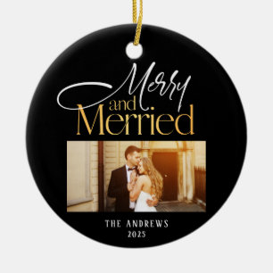 Merry & Married Newlyweds Photo Christmas Ceramic Ornament