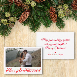 merry & married, newlyweds photo red script  card