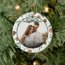 Merry & Married Newlyweds Rustic Green Bow Photo 