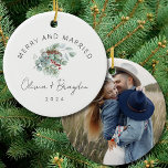 Merry & Married Our First Christmas Photo Ceramic Ornament<br><div class="desc">Commemorate your first holiday season together with the "Merry & Married Our First Christmas" photo ceramic ornament. Designed for newlyweds, this personalized keepsake features your cherished photo framed by a minimalist design and warm seasonal accents. Ideal for couples of all kinds, it captures the essence of your love and union,...</div>