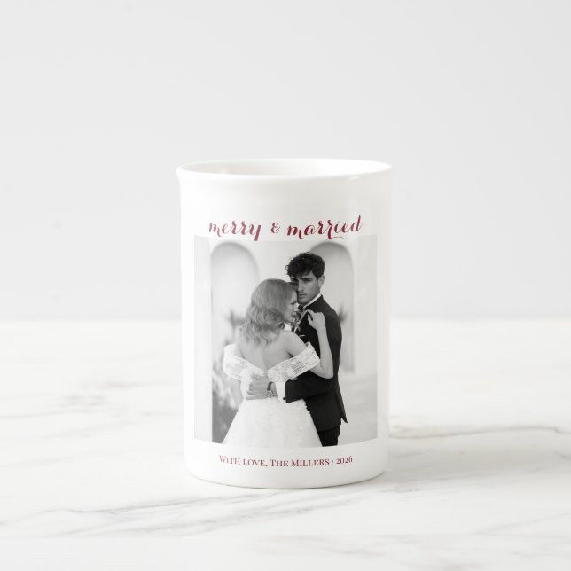 Merry & Married - Personalized Newlywed Christmas  Bone China Mug (Front)