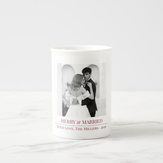 Merry & Married - Personalized Newlywed Christmas  Bone China Mug (Front)