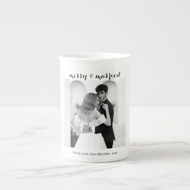 Merry & Married - Personalized Newlywed Christmas  Bone China Mug (Front)