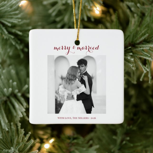 Merry & Married - Personalized Newlywed Christmas  Ceramic Ornament (Tree)