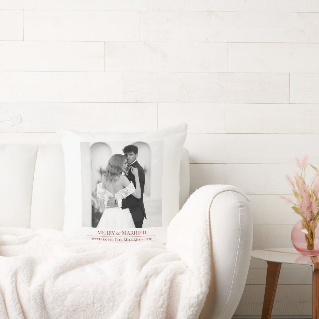 Merry & Married - Personalized Newlywed Christmas  Throw Pillow (Couch)