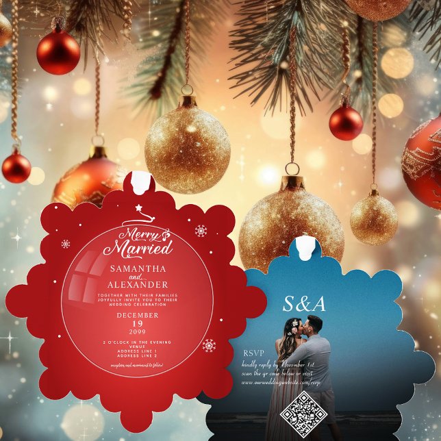 Merry Married Photo Modern Christmas Star Wedding Ornament Card (Merry Married Photo Modern Christmas Star Wedding Ornament Card Unique Designer Elegant RSVP QR Code)