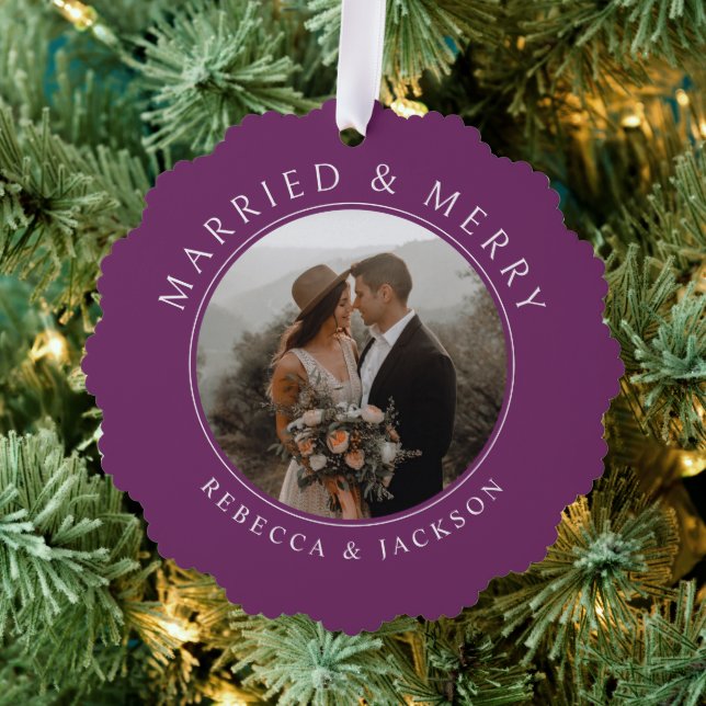 Merry Married Purple Wedding Photo Christmas Ornament Card (Insitu (Tree))