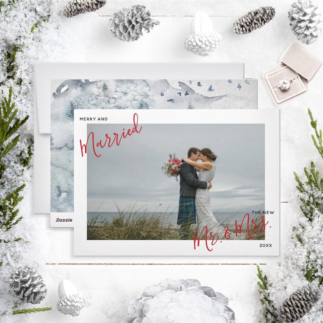 Merry & Married Red Script  Mr. & Mrs. Photo Xmas Holiday Card (Creator Uploaded)