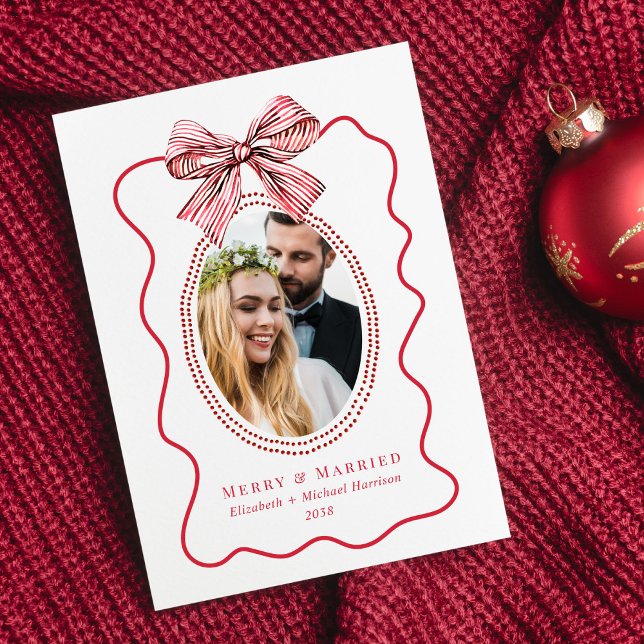Merry Married Red Wavy Frame Bow Photo Christmas Holiday Card (Creator Uploaded)