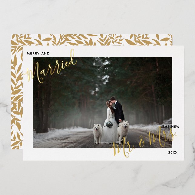 Merry & Married Script Wedding Photo Foil Holiday  (Front/Back)
