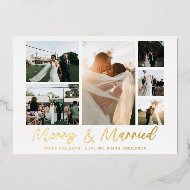 Merry & Married Silver 6 Multi Photo Holiday Card  (Front)