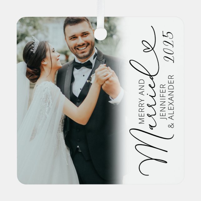 Merry & Married Simple Photo Christmas Metal Ornament (Front)