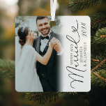 Merry & Married Simple Photo Christmas Metal Ornament<br><div class="desc">Newlywed keepsake christmas ornament featuring a simple white background,  a photo either side of the bride & groom,  the saying 'merry and married' in a elegant script heart font,  their names,  and the year.</div>